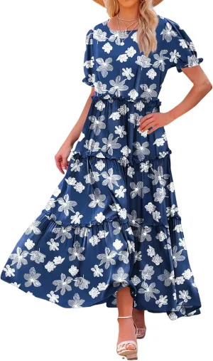Bohemian Floral Dresses for Women Summer Crewneck Puff Short Sleeve Long Midi Dress 2025 Flowy Swing Dresses