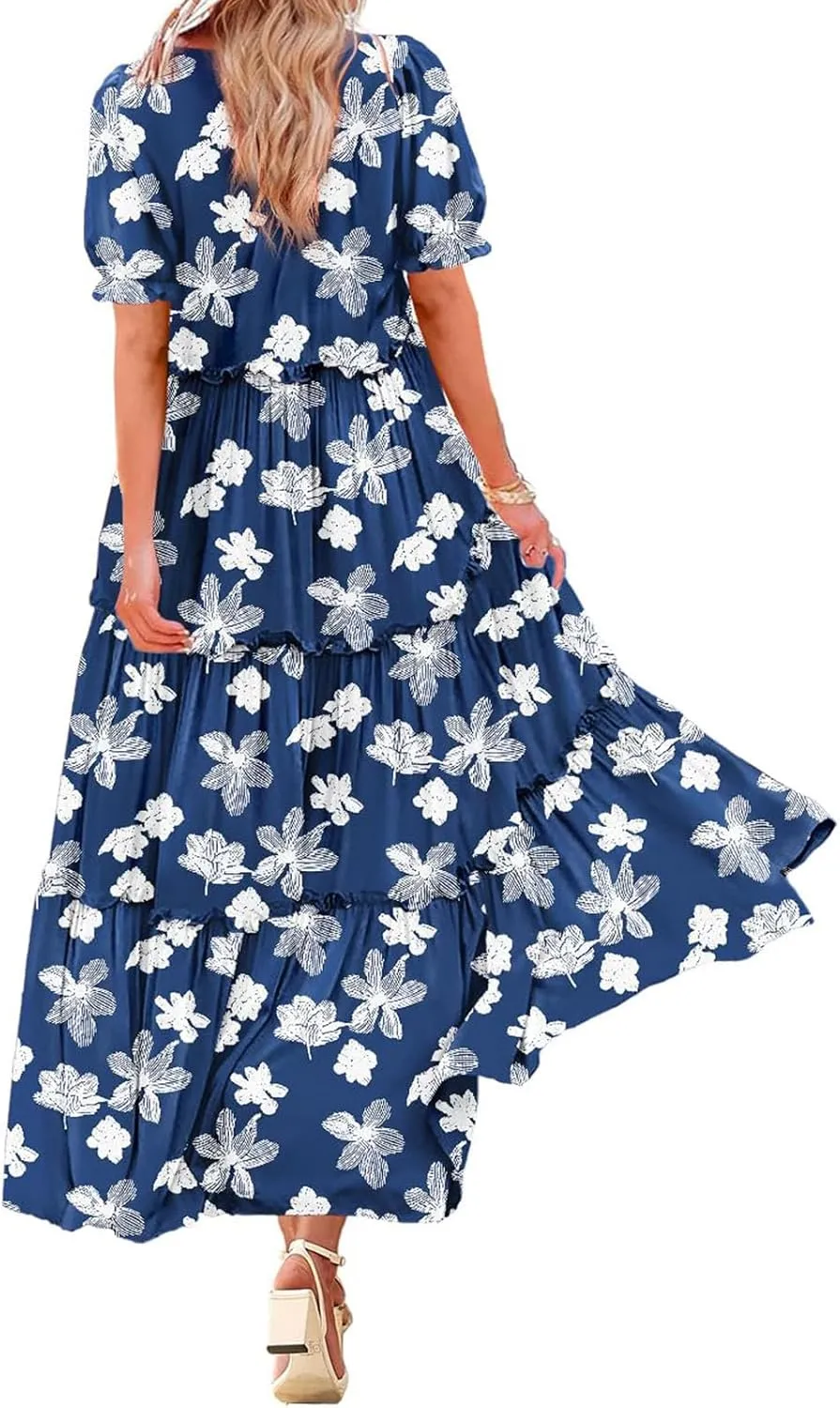 Bohemian Floral Dresses for Women Summer Crewneck Puff Short Sleeve Long Midi Dress 2025 Flowy Swing Dresses