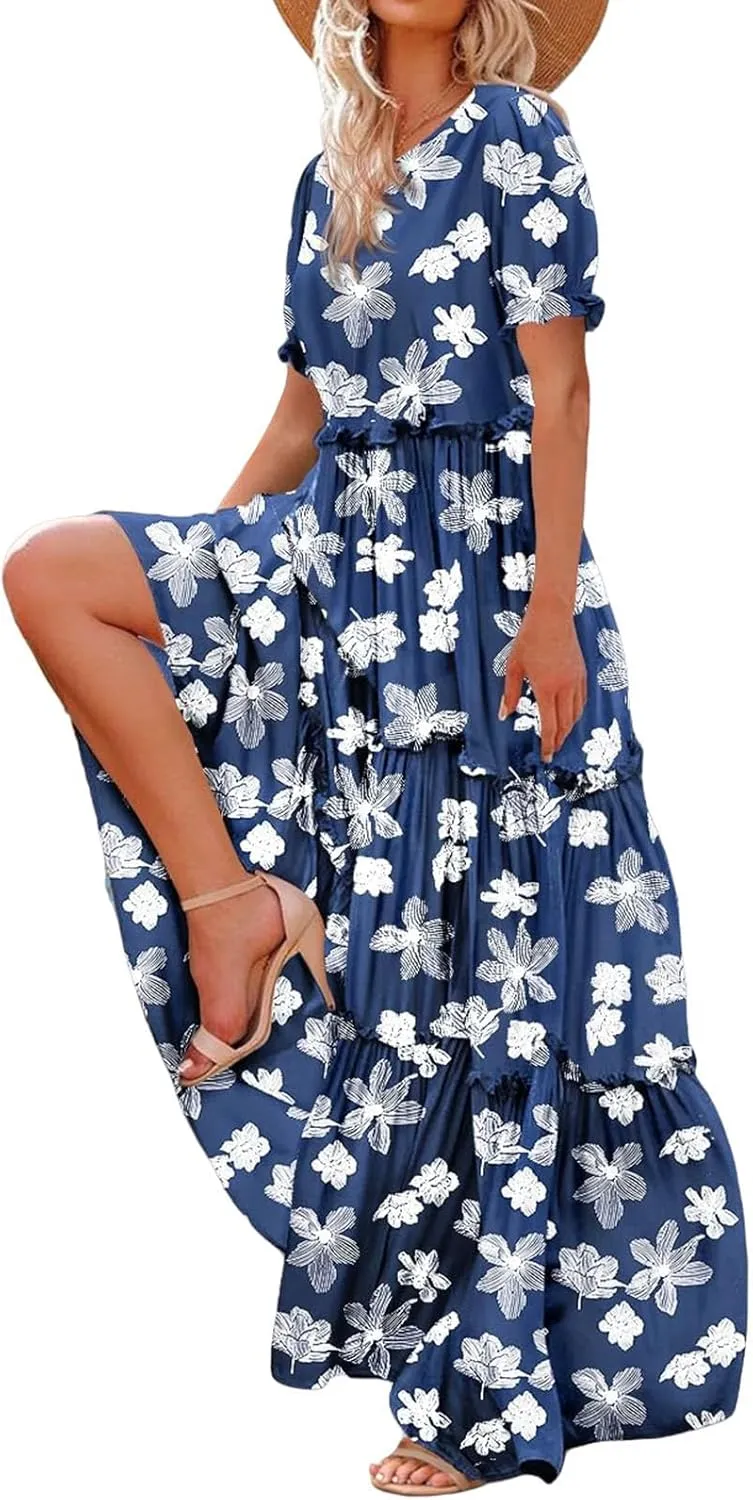 Bohemian Floral Dresses for Women Summer Crewneck Puff Short Sleeve Long Midi Dress 2025 Flowy Swing Dresses
