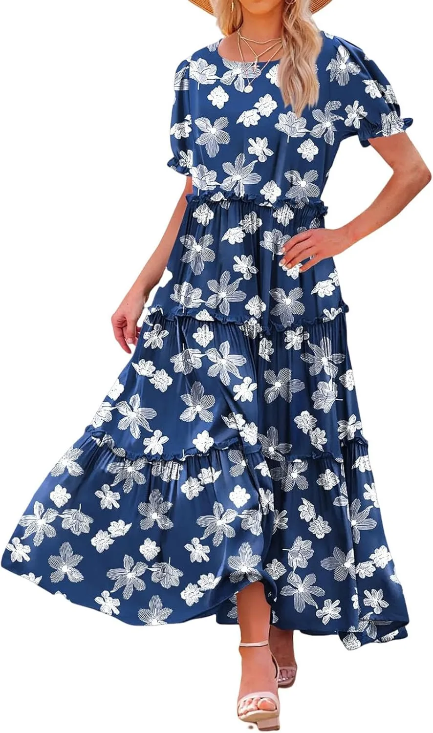 Bohemian Floral Dresses for Women Summer Crewneck Puff Short Sleeve Long Midi Dress 2025 Flowy Swing Dresses