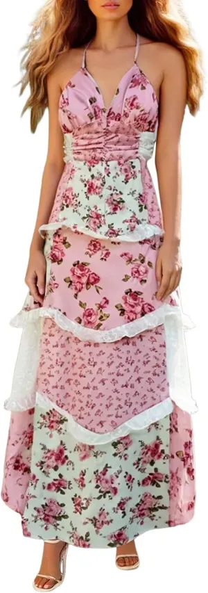 Boho Maxi Sundress for Women Summer 2025 Vacation Flowy Floral Sleeveless V Neck Sexy Dress Beach Bohemian Dress