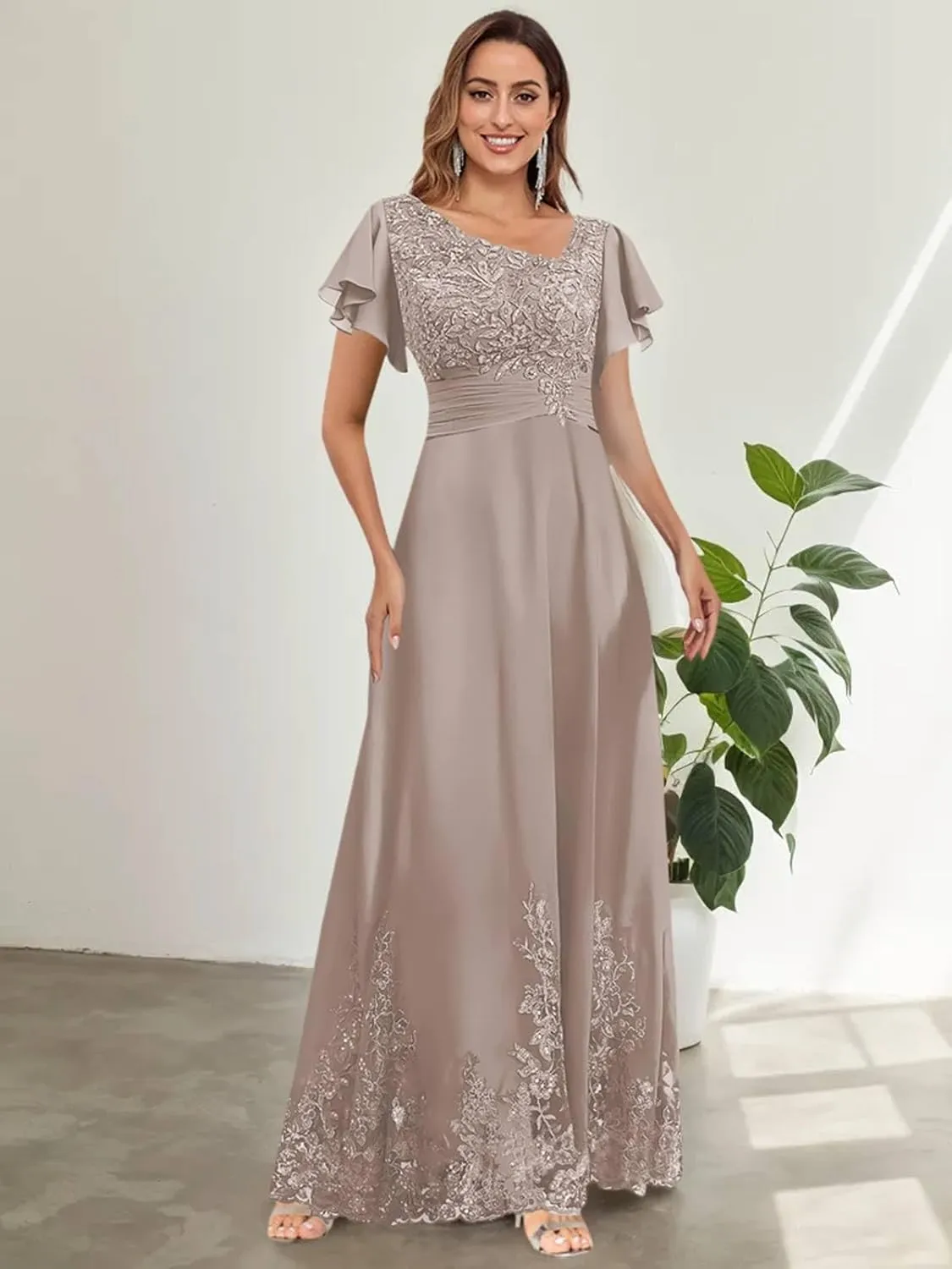 BONOYUER Chiffon Mother of The Bride Dresses with Sleeves A Line V Neck Formal Wedding Guest Dress for Women