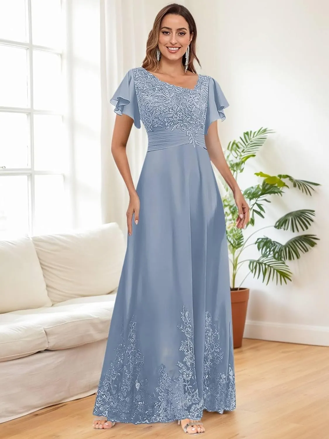 BONOYUER Chiffon Mother of The Bride Dresses with Sleeves A Line V Neck Formal Wedding Guest Dress for Women