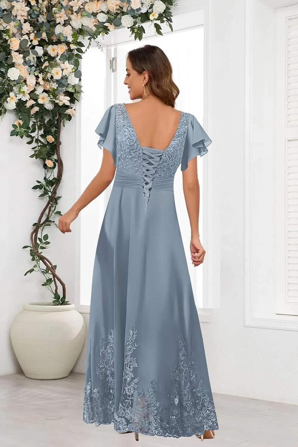 BONOYUER Chiffon Mother of The Bride Dresses with Sleeves A Line V Neck Formal Wedding Guest Dress for Women