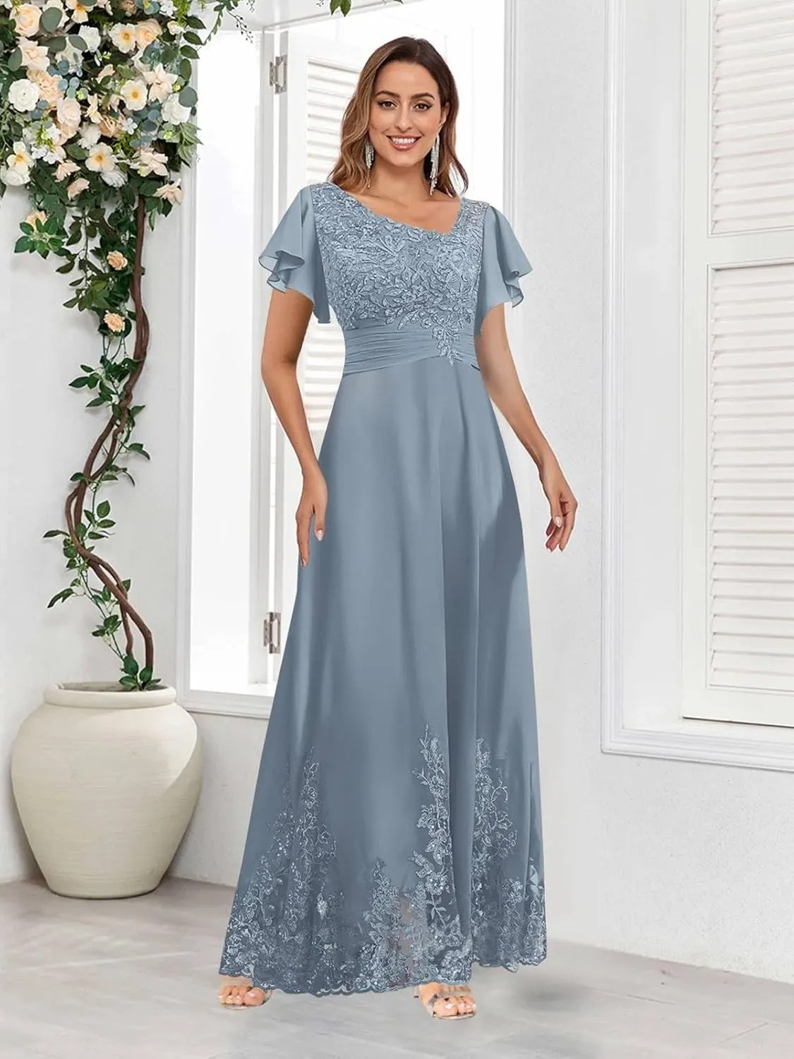 BONOYUER Chiffon Mother of The Bride Dresses with Sleeves A Line V Neck Formal Wedding Guest Dress for Women