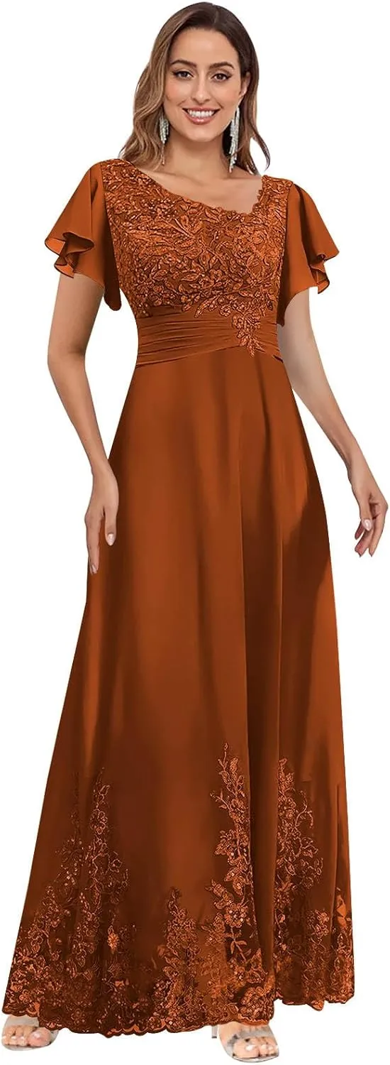 BONOYUER Chiffon Mother of The Bride Dresses with Sleeves A Line V Neck Formal Wedding Guest Dress for Women