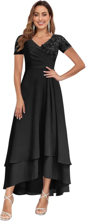 BONOYUER Tea Length Mother of The Bride Dresses with Sleeves V Neck Chiffon Formal Wedding Guest Dress for Women