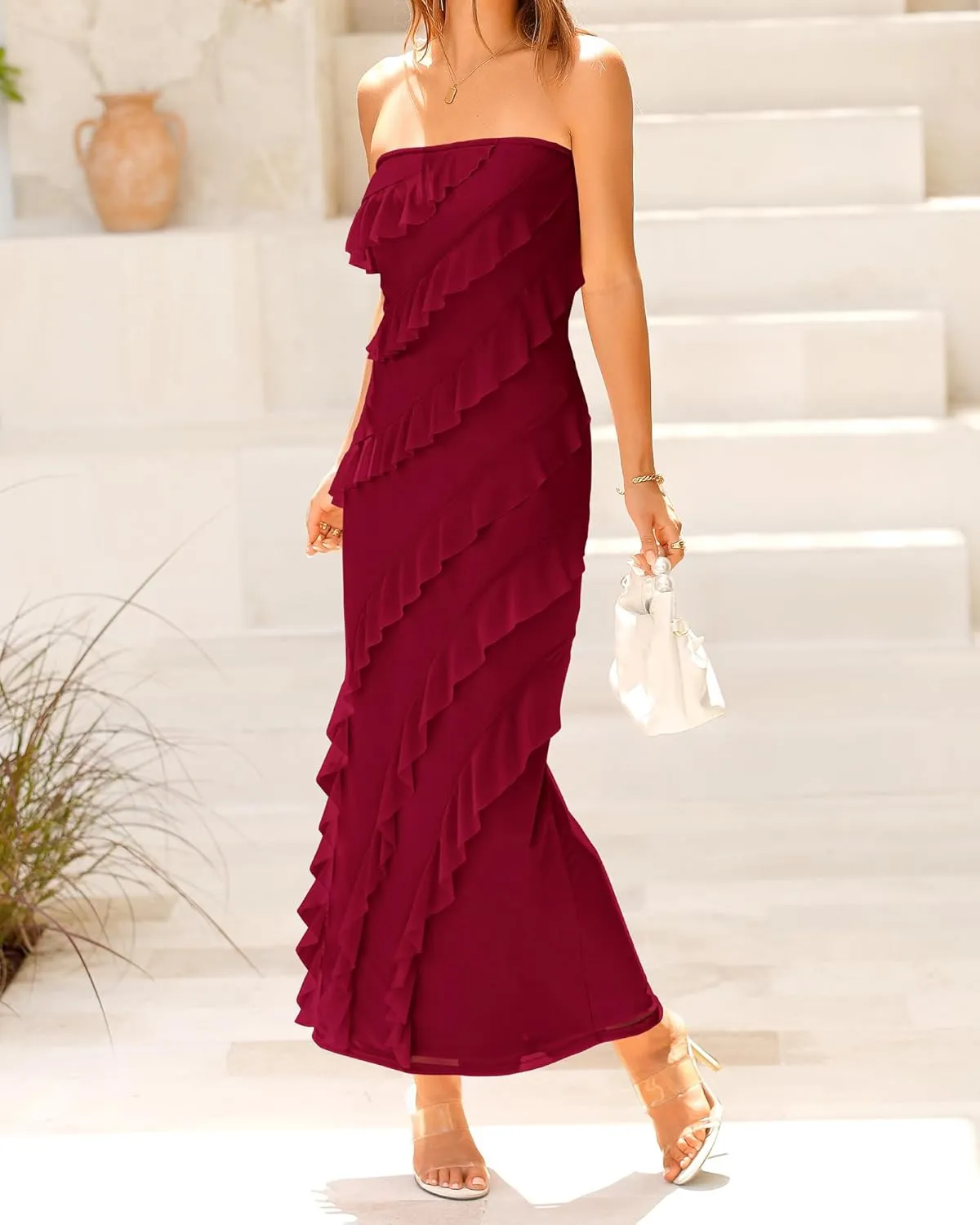 BTFBM Women Summer Elegant Strapless Midi Ruched Bodycon Dress Solid Color Stretch Mesh Slim Party Cocktail Dresses