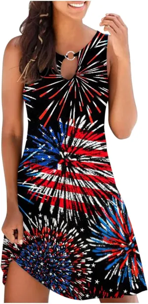 Ceboyel Womens 4Th of July Dress American Flags Sundresses Vacation Short Mini Dress Summer Causal Patriotic Clothing 2023