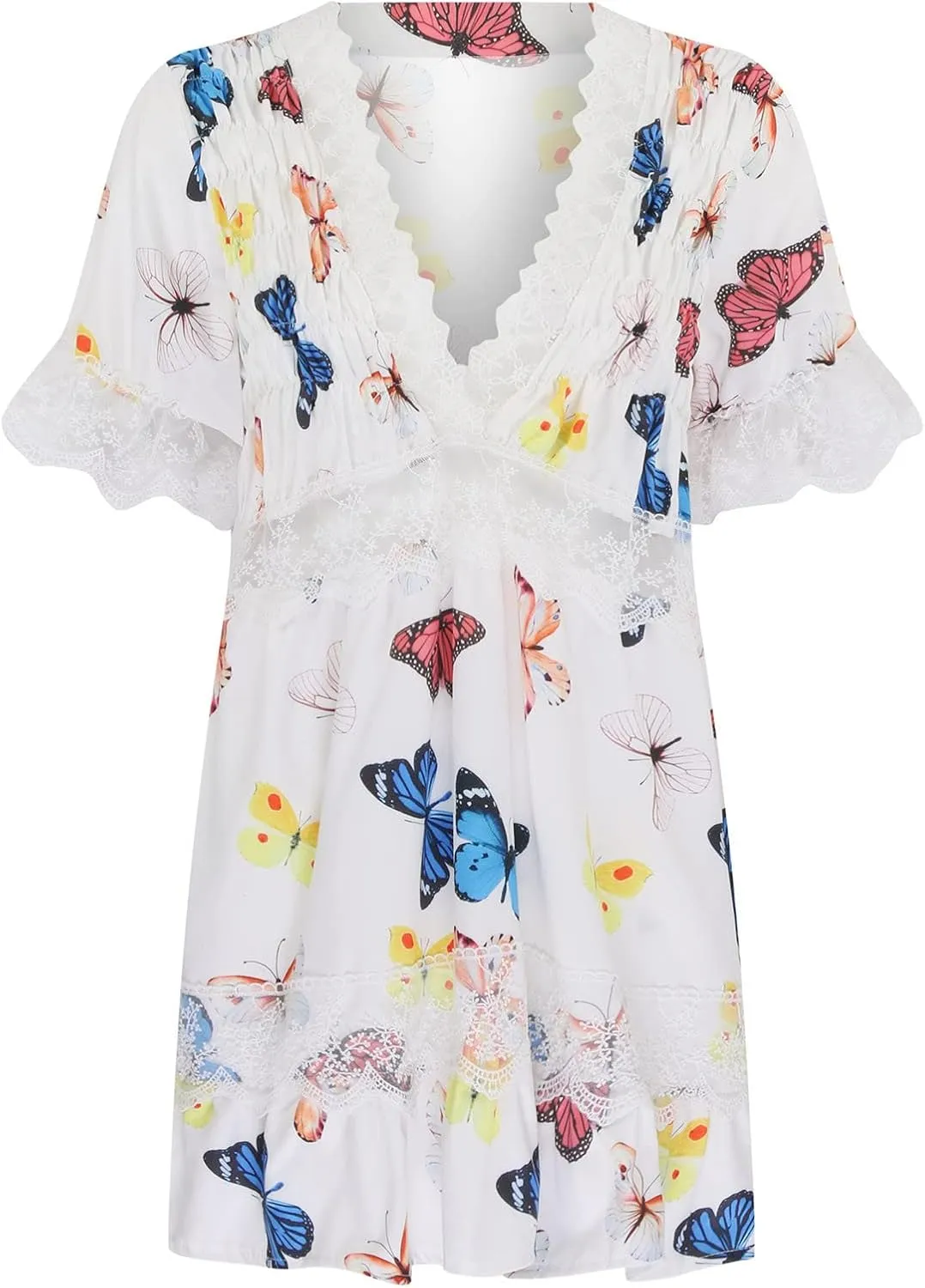Ceboyel Womens Boho Floral Summer Dress Lace Trim Casual Beach Dresses V Neck Ruffle Swing Short Dress Ladies Clothes 2023