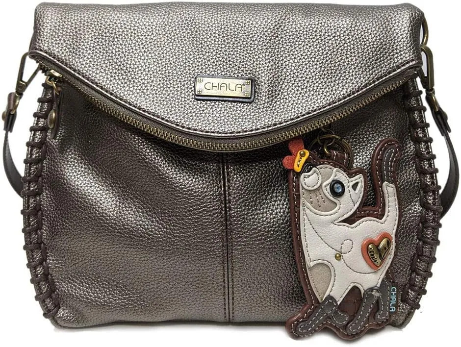 CHALA Charming Crossbody Bag Shoulder Handbag With Flap Top and Purse Charm - Pewter