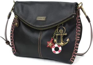 Chala Charming Crossbody Bag Shoulder Handbag With Flap Top and Zipper Black - Metal Anchor - Black