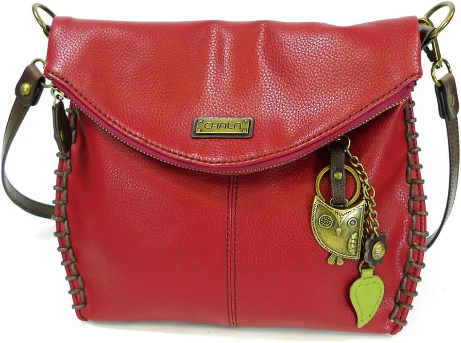 Chala Charming Crossbody Bag with Zipper Flap Top and Metal Chain - Burgundy