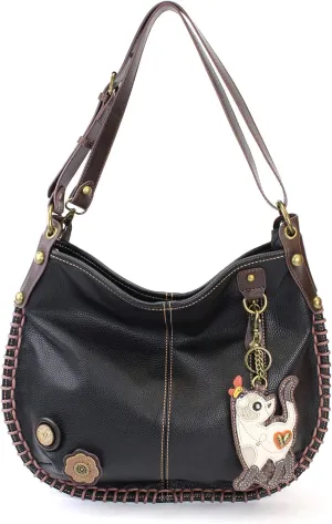 CHALA Handbag Charming Black Cross-body or Shoulder Convertible Large Hobo Tote Bag - Black (Slim Cat)