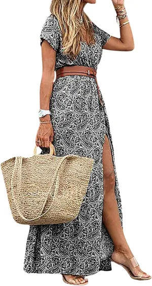 CHARTOU Women Summer Short Sleeve Boho Maxi Dress Flowy Long Summer Dress Floral V Neck Dress Hippie Beach Sundress