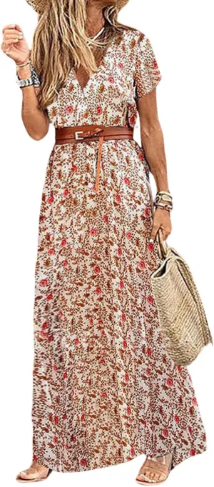 CHARTOU Women Summer Short Sleeve Boho Maxi Dress Flowy Long Summer Dress Floral V Neck Dress Hippie Beach Sundress