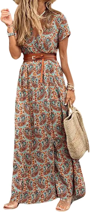 CHARTOU Women Summer Short Sleeve Boho Maxi Dress Flowy Long Summer Dress Floral V Neck Dress Hippie Beach Sundress