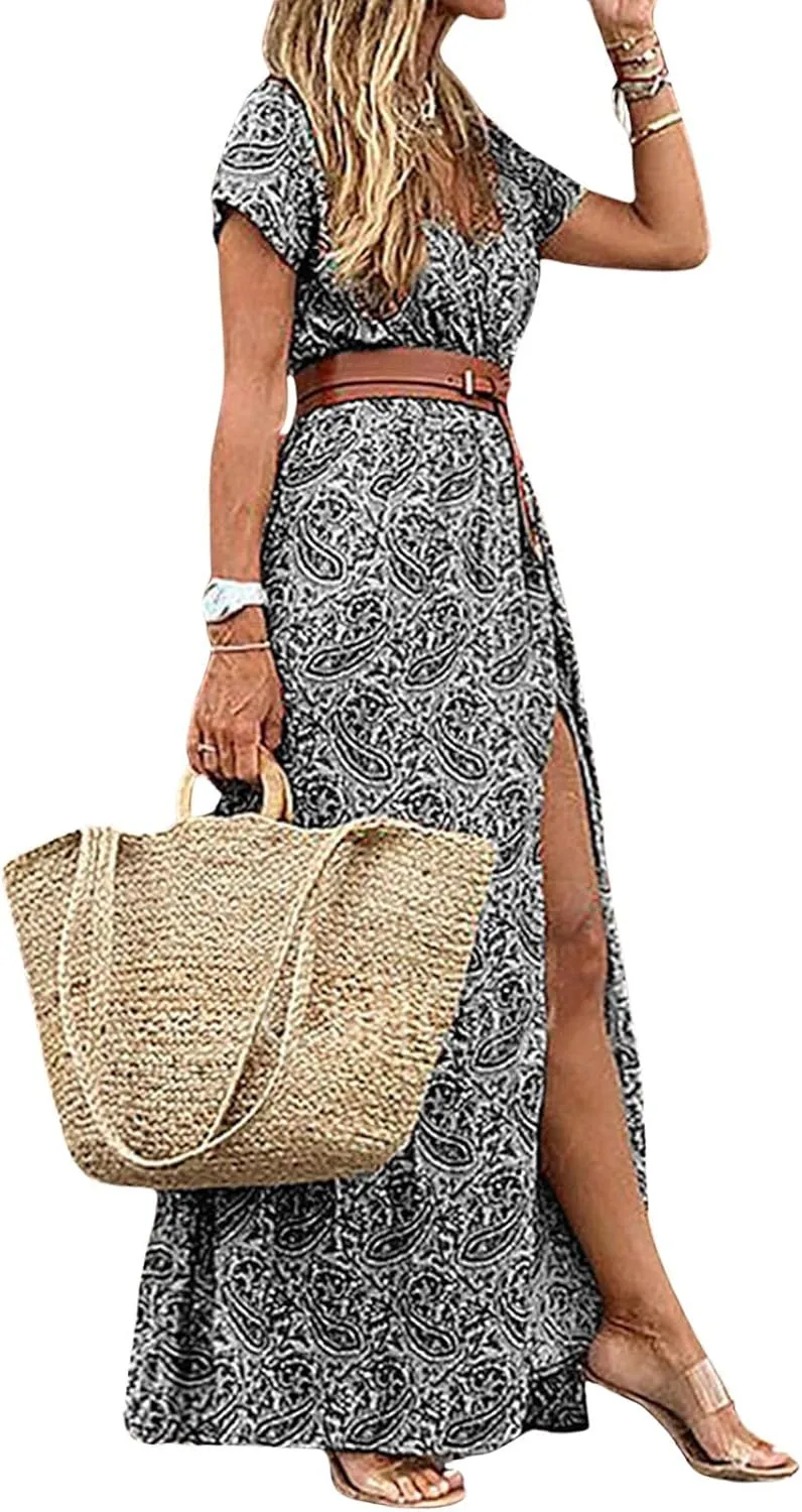CHARTOU Women Summer Short Sleeve Boho Maxi Dress Flowy Long Summer Dress Floral V Neck Dress Hippie Beach Sundress