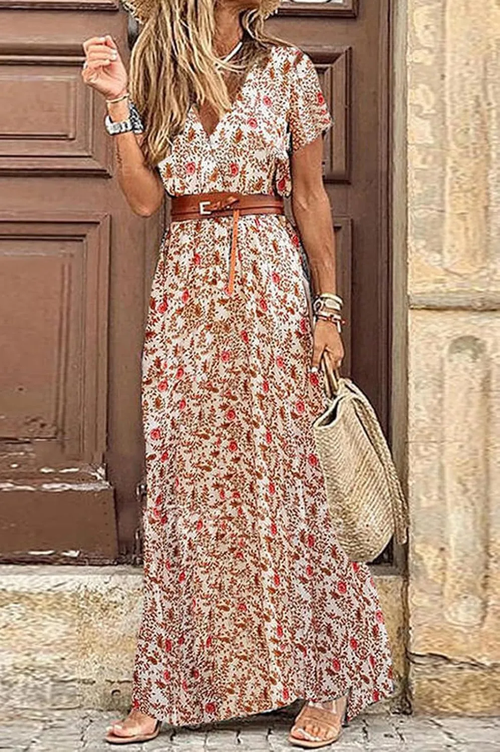 CHARTOU Women Summer Short Sleeve Boho Maxi Dress Flowy Long Summer Dress Floral V Neck Dress Hippie Beach Sundress