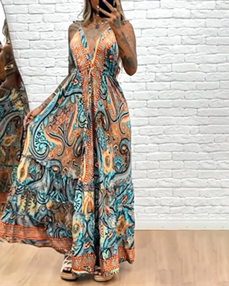 CHICME Womens Summer Dresses 2025 Spaghetti Strap V Neck Beach Sundress Backless Boho Flowy Maxi Dress
