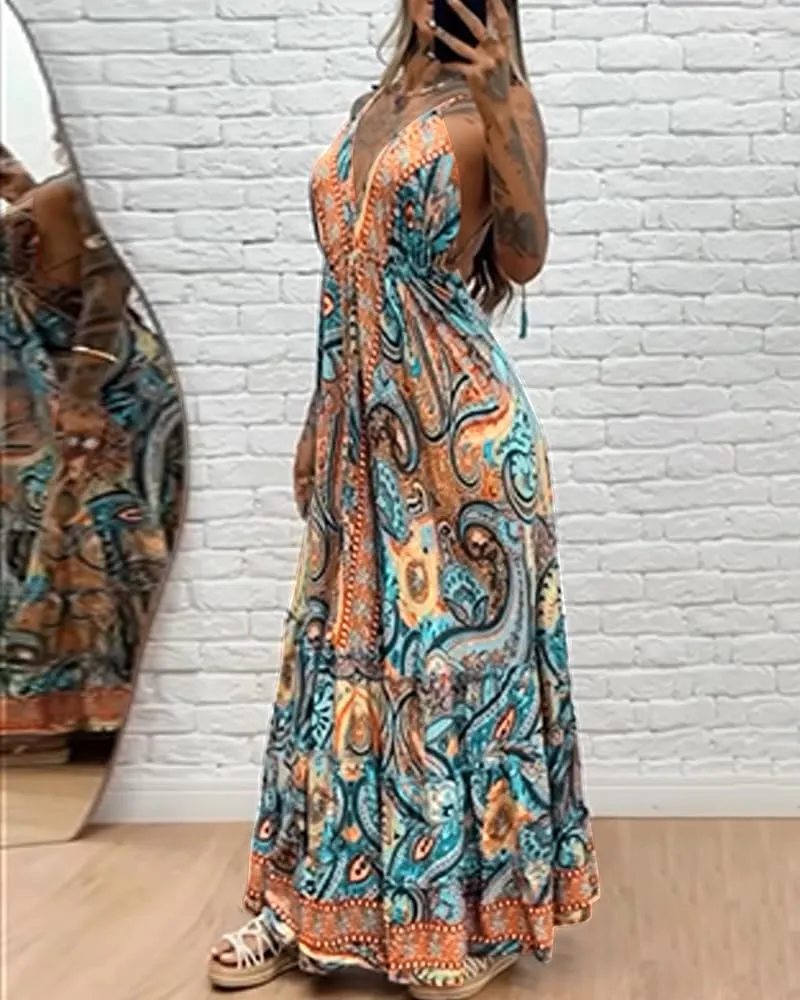 CHICME Womens Summer Dresses 2025 Spaghetti Strap V Neck Beach Sundress Backless Boho Flowy Maxi Dress