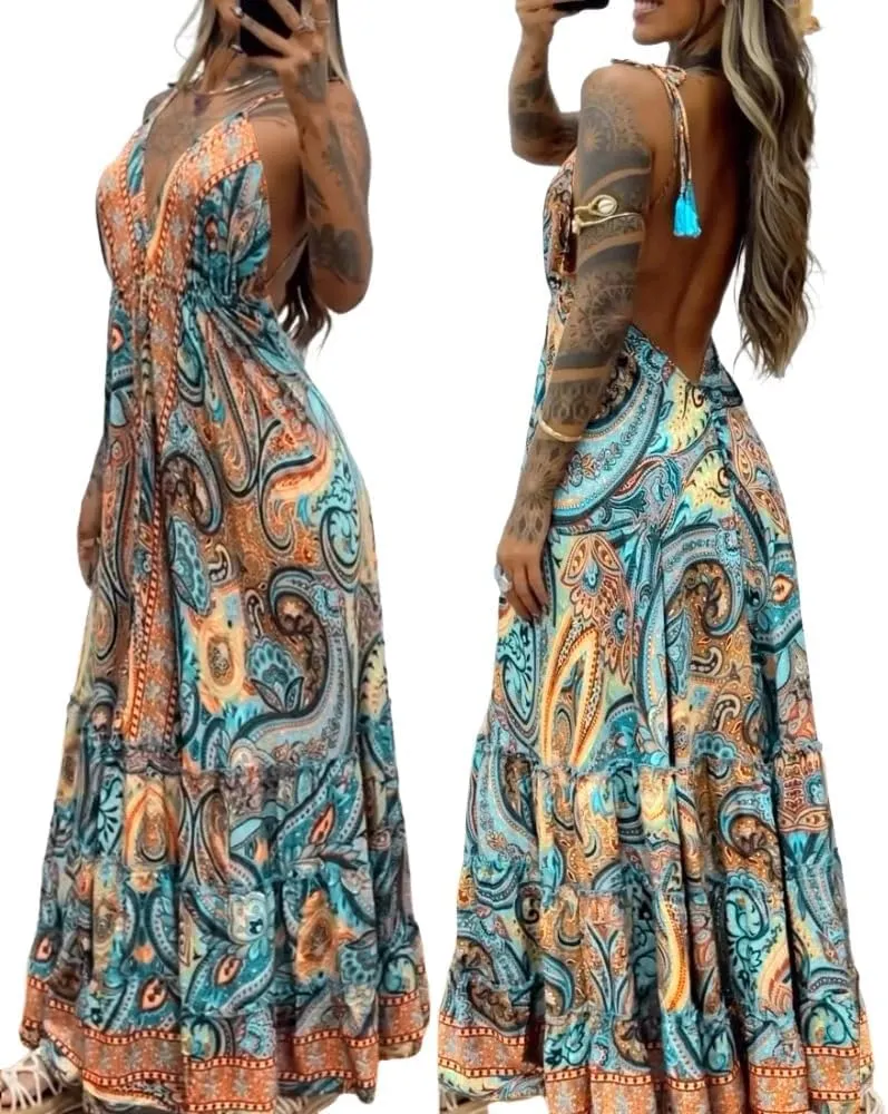 CHICME Womens Summer Dresses 2025 Spaghetti Strap V Neck Beach Sundress Backless Boho Flowy Maxi Dress