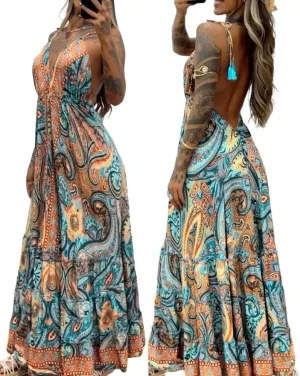 CHICME Womens Summer Dresses 2025 Spaghetti Strap V Neck Beach Sundress Backless Boho Flowy Maxi Dress