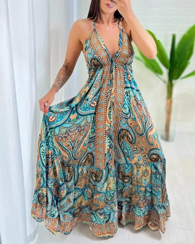 CHICME Womens Summer Dresses 2025 Spaghetti Strap V Neck Beach Sundress Backless Boho Flowy Maxi Dress