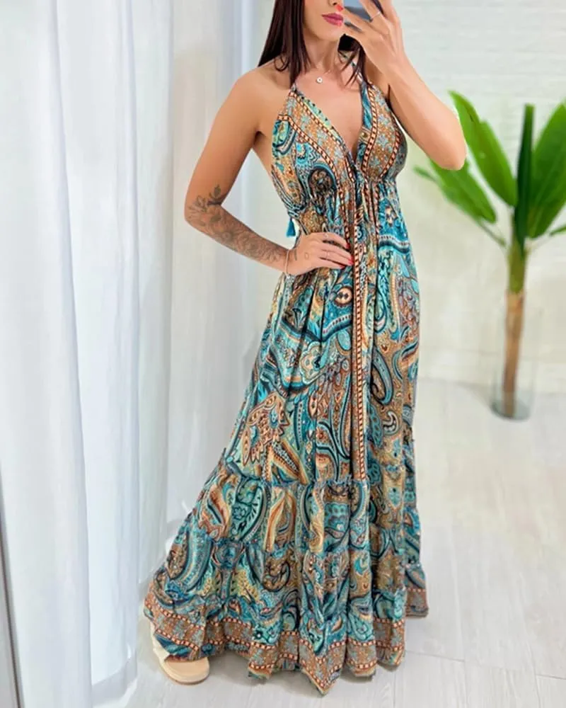 CHICME Womens Summer Dresses 2025 Spaghetti Strap V Neck Beach Sundress Backless Boho Flowy Maxi Dress