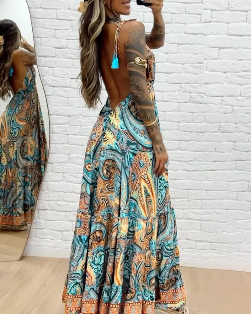 CHICME Womens Summer Dresses 2025 Spaghetti Strap V Neck Beach Sundress Backless Boho Flowy Maxi Dress