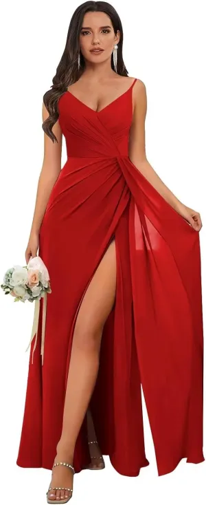Chiffon Bridesmaid Dresses for Wedding with Slit Spaghetti Straps Ruched V Neck Long Formal Evening Gowns