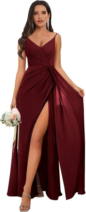 Chiffon Bridesmaid Dresses for Wedding with Slit Spaghetti Straps Ruched V Neck Long Formal Evening Gowns