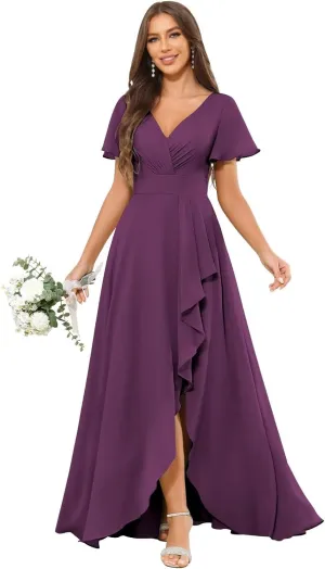 Chiffon Bridesmaid Dresses with Sleeves Slit for Women Ruffle Ruched V Neck Long Formal Evening Prom Gowns