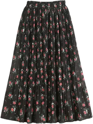 Chiffon Pleated Midi Long Skirt Women Spring Summer Vintage Floral Print High Waist Skirt