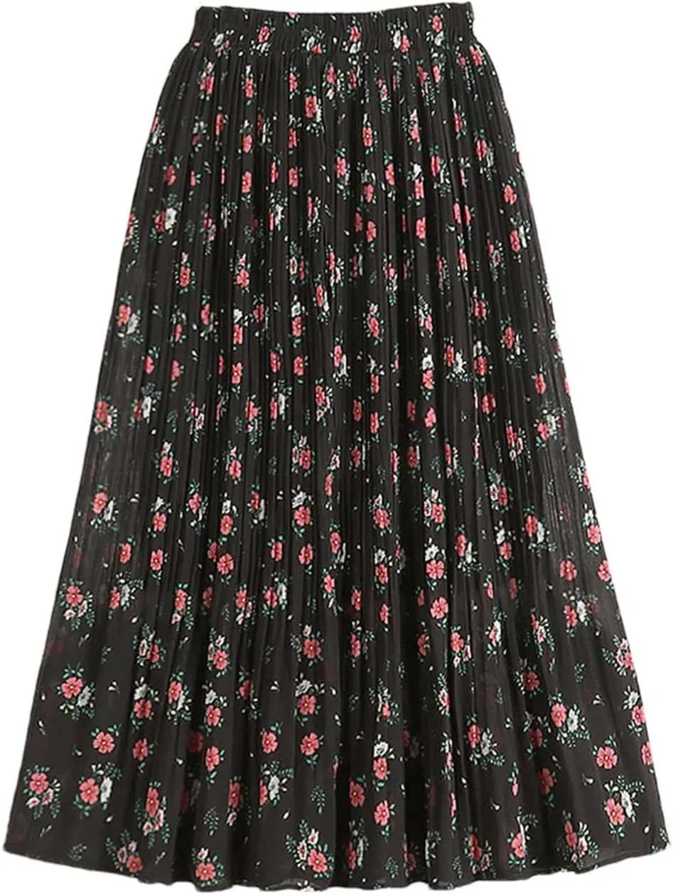 Chiffon Pleated Midi Long Skirt Women Spring Summer Vintage Floral Print High Waist Skirt