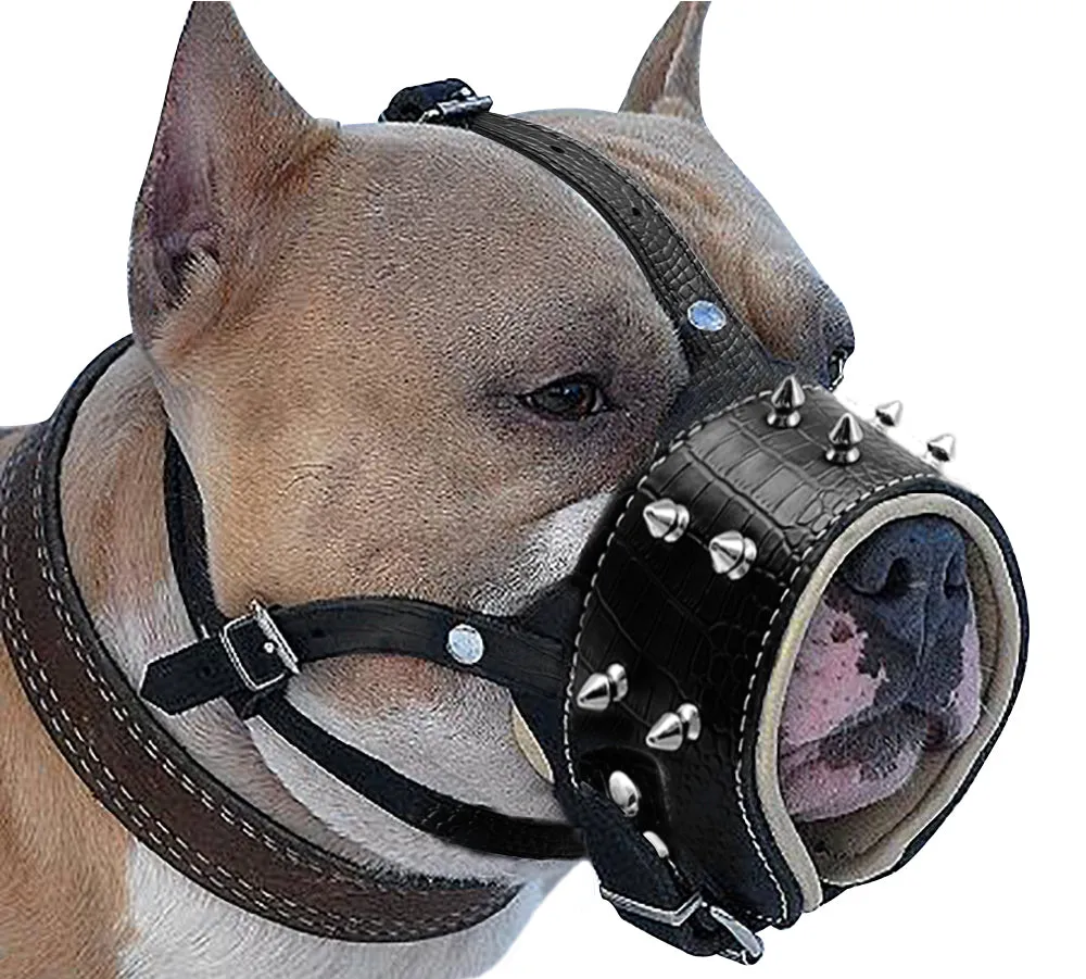 Cool Spiked Studded Pu Leather Dog Muzzle Anti Biting Padded Dogs Traning Muzzle No Bark Pet Mask For Pitbull Labrador