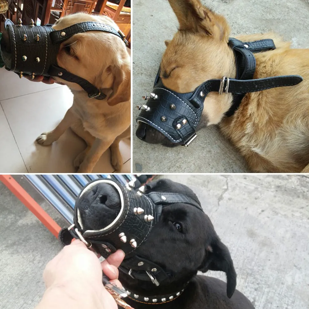 Cool Spiked Studded Pu Leather Dog Muzzle Anti Biting Padded Dogs Traning Muzzle No Bark Pet Mask For Pitbull Labrador