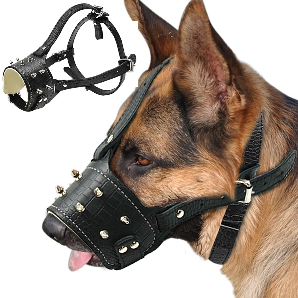 Cool Spiked Studded Pu Leather Dog Muzzle Anti Biting Padded Dogs Traning Muzzle No Bark Pet Mask For Pitbull Labrador