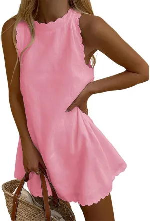 Costaric Women Casual Beach Tank Dress Scallop Trim Mock Neck Sleeveless Loose Cotton Linen Dresses Summer A-Line Sundress