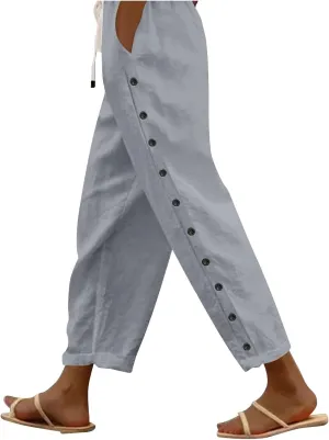 Cotton Linen Capri Pants for Women Boho Clothes Casual Summer Baggy Elastic Waisted Trousers Wide Leg Cropped Pants