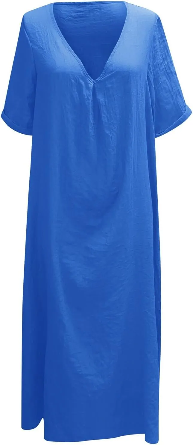 Cotton Linen V-Neck Midi Dress, 2025 Summer Casual Loose Dress Solid Flowy Bohemian Beach Dresses