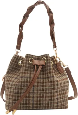 Cute Tweed Tote Bag Mini Sling Shoulder Bag Trendy Top Handle Purse Causal Bucket Purse Satchel Bag with Charming Pendent