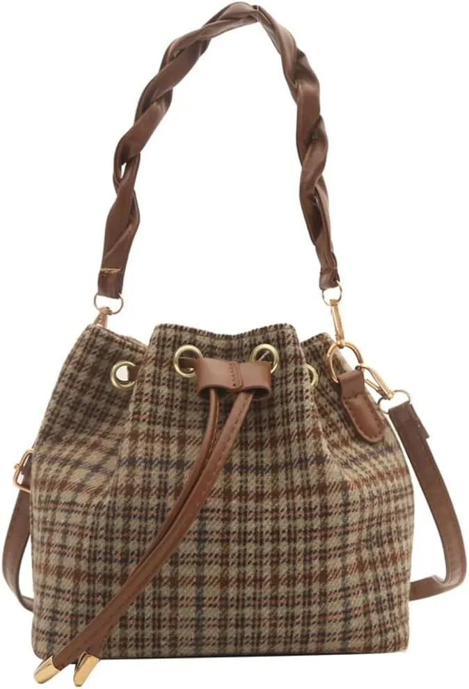 Cute Tweed Tote Bag Mini Sling Shoulder Bag Trendy Top Handle Purse Causal Bucket Purse Satchel Bag with Charming Pendent