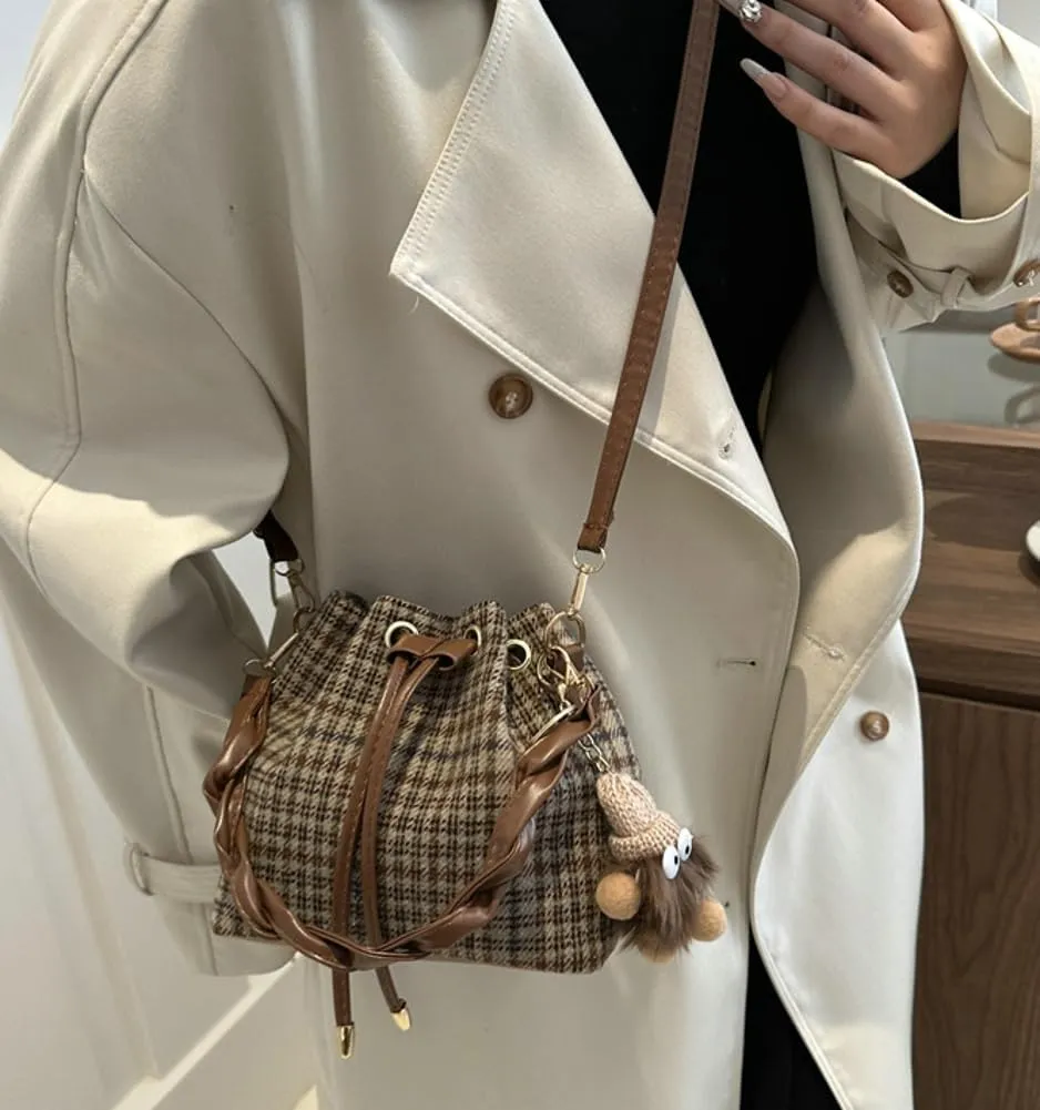 Cute Tweed Tote Bag Mini Sling Shoulder Bag Trendy Top Handle Purse Causal Bucket Purse Satchel Bag with Charming Pendent