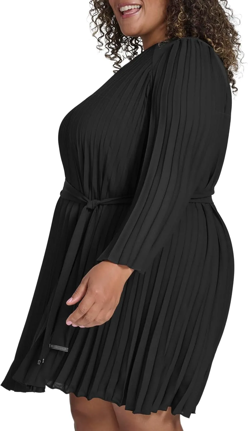 DKNY Women's Long Sleeve Tie A-line Mini Dress