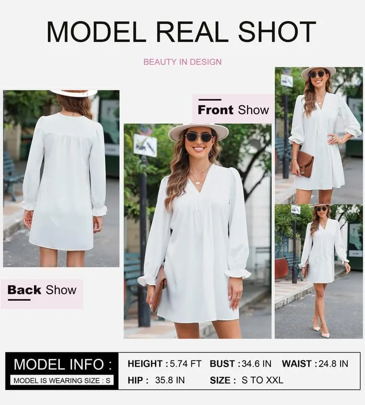 Dokotoo Womens Casual Dress A-Line Ruffle Sleeve V Neck Midi Dress 2025 Fashion Pleated Flowy Sundress Loose Shirt Dresses