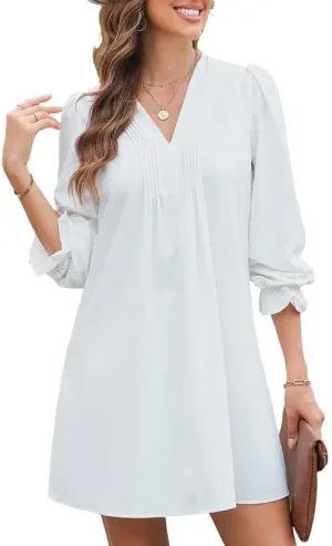 Dokotoo Womens Casual Dress A-Line Ruffle Sleeve V Neck Midi Dress 2025 Fashion Pleated Flowy Sundress Loose Shirt Dresses