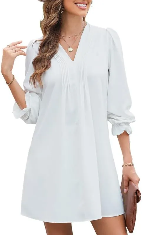 Dokotoo Womens Casual Dress A-Line Ruffle Sleeve V Neck Midi Dress 2025 Fashion Pleated Flowy Sundress Loose Shirt Dresses