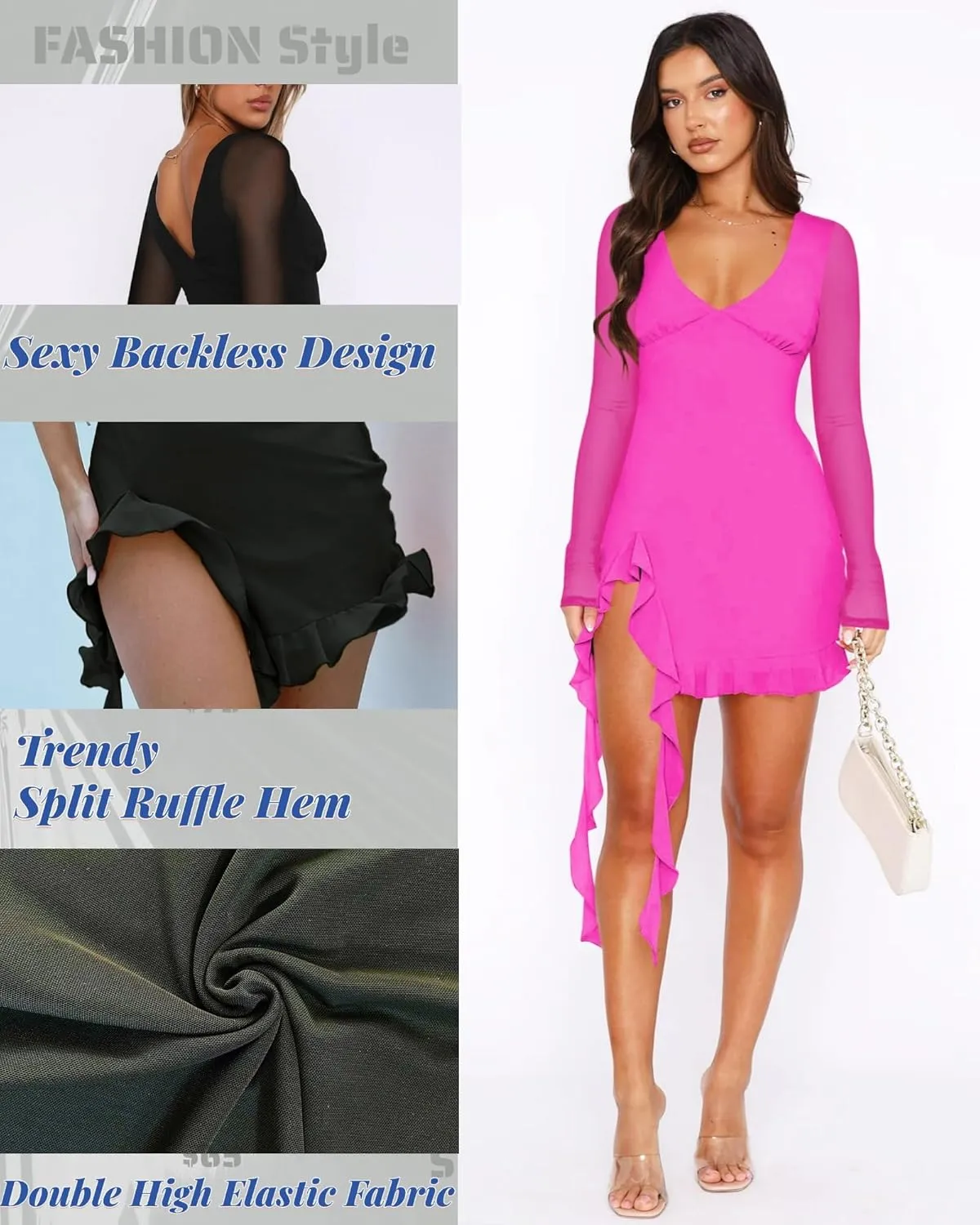 Doweha Women's Sexy Bell Long Sleeve Ruffle Slit Mini Mesh Dress Summer V Neck Backless Bodycon Short Party Cocktail Dress