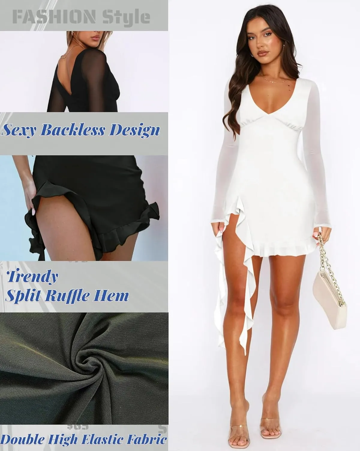 Doweha Women's Sexy Bell Long Sleeve Ruffle Slit Mini Mesh Dress Summer V Neck Backless Bodycon Short Party Cocktail Dress